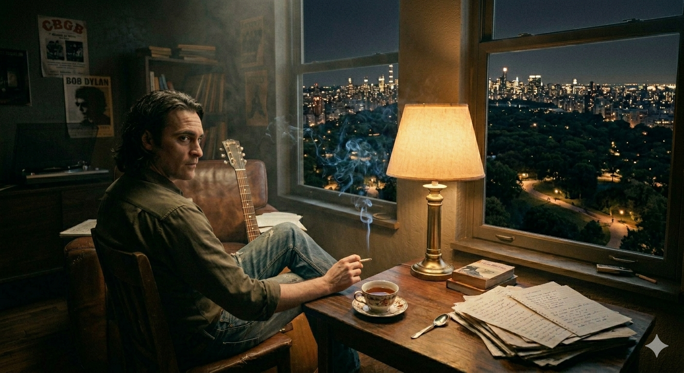A figure looking out over a park at night